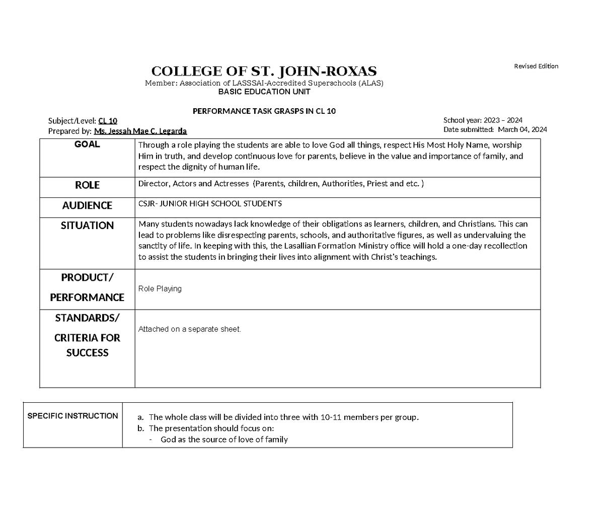 PETA-3QCL10 - CL 10 Role Playing Performance Task Overview - Studocu