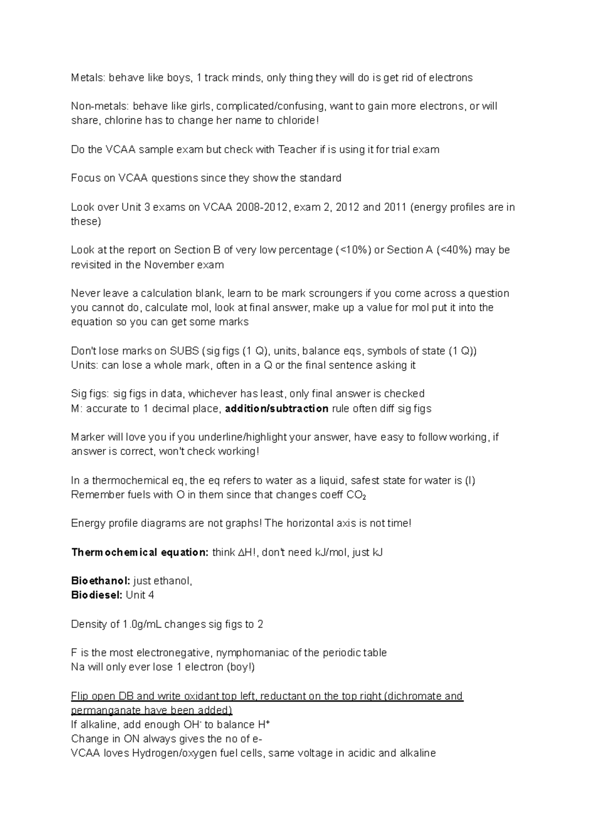 Chemistry Unit 3 Revision Notes: VCAA Exam Strategies & Tips - Studocu