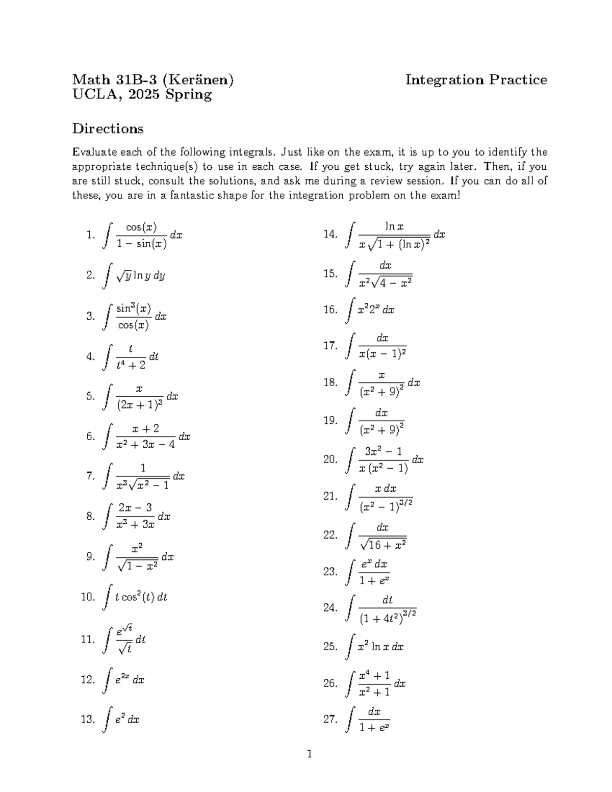 MATH 31B Spring 2025 Integration Practice Directions - Studocu