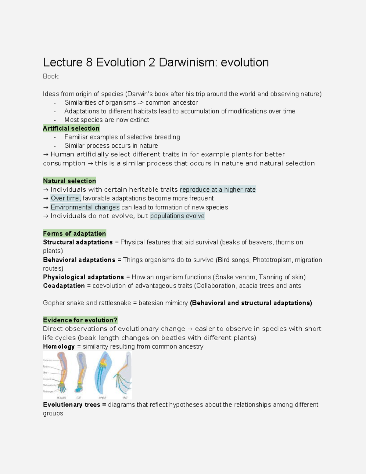 Lecture 8: Darwinism and Evolutionary Adaptations - Studeersnel