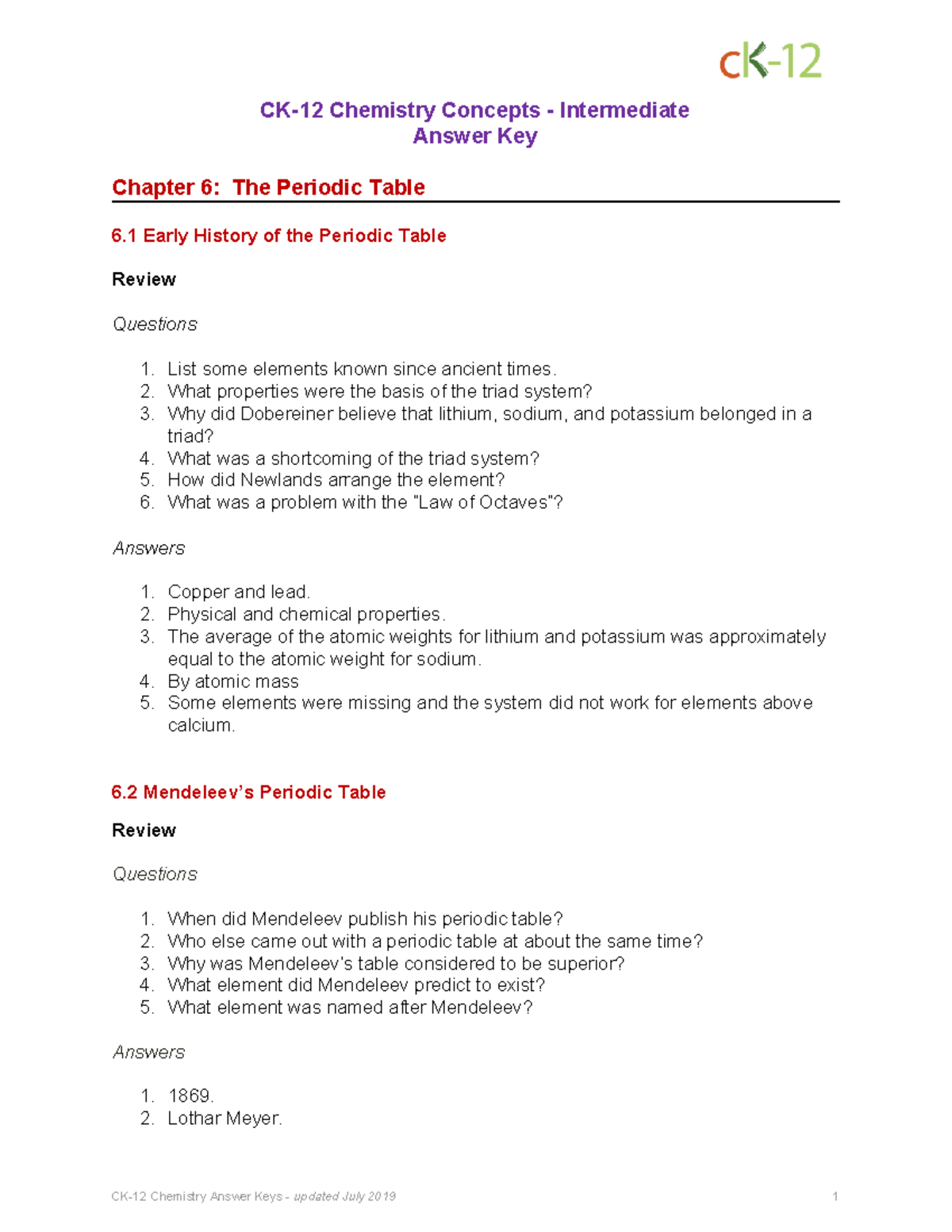 CHS Ch 06 Periodic Table Answer Key and Review Questions - Studocu
