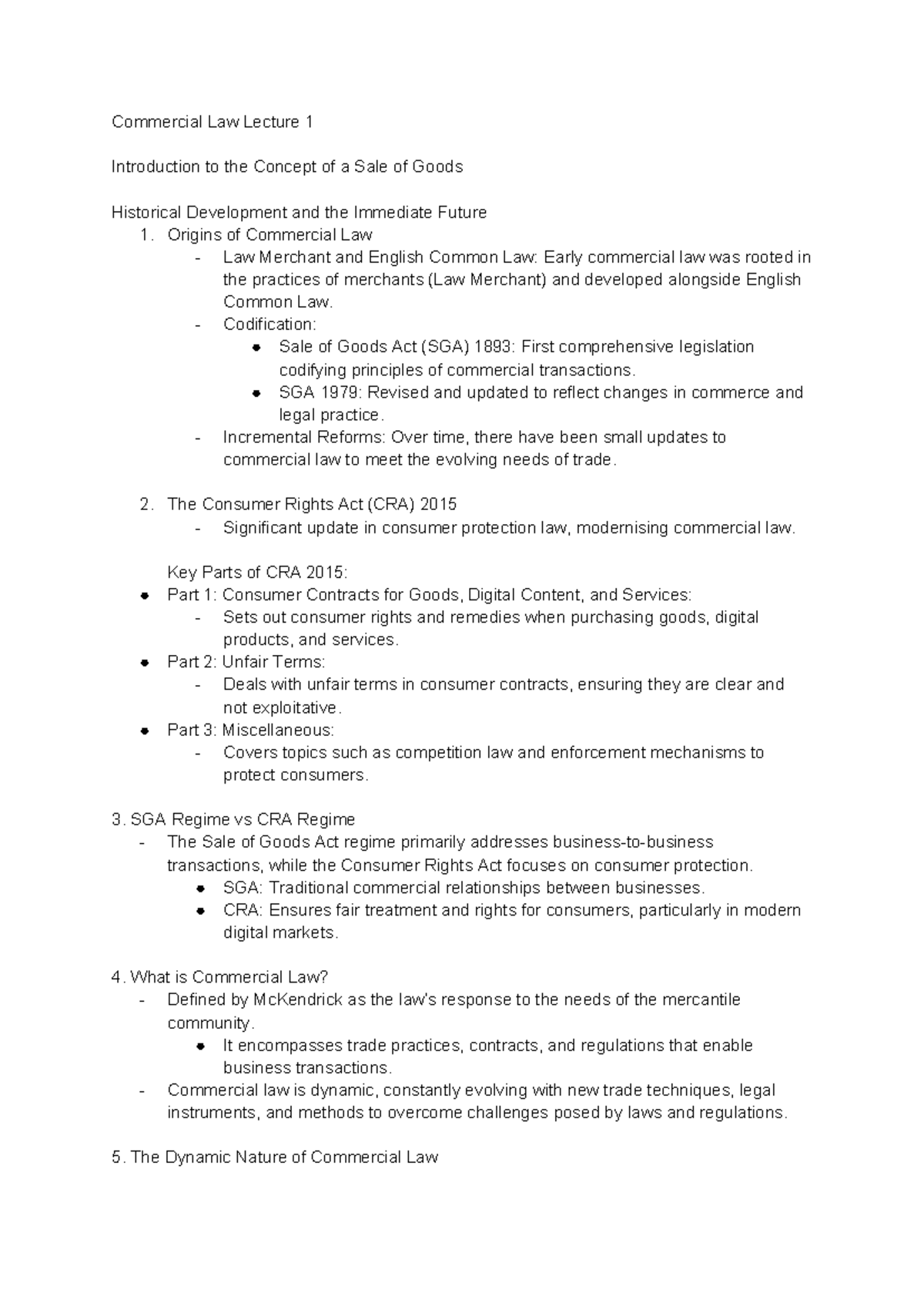 Commercial Law Lecture 1: Sale of Goods Act & Consumer Rights Act - Studocu