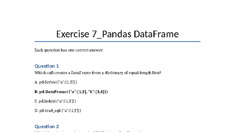 Adv Python Exercise 7: DataFrame Quiz Questions - Studocu