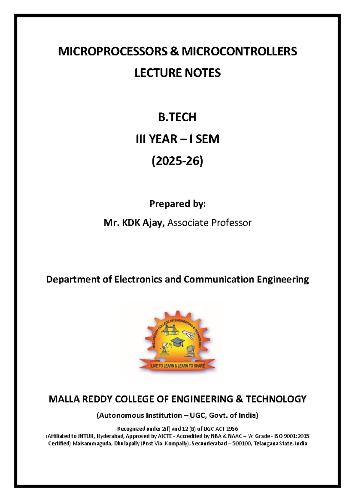 B.TECH ECE Year I: Microprocessors & Microcontrollers Lecture Notes ...