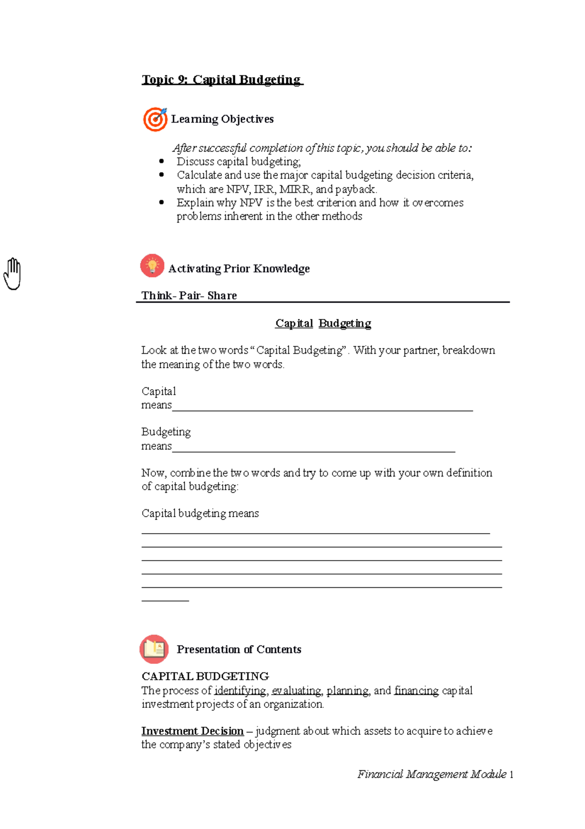 Module in Financial Management - 09 - Topic 9: Capital Budgeting ...