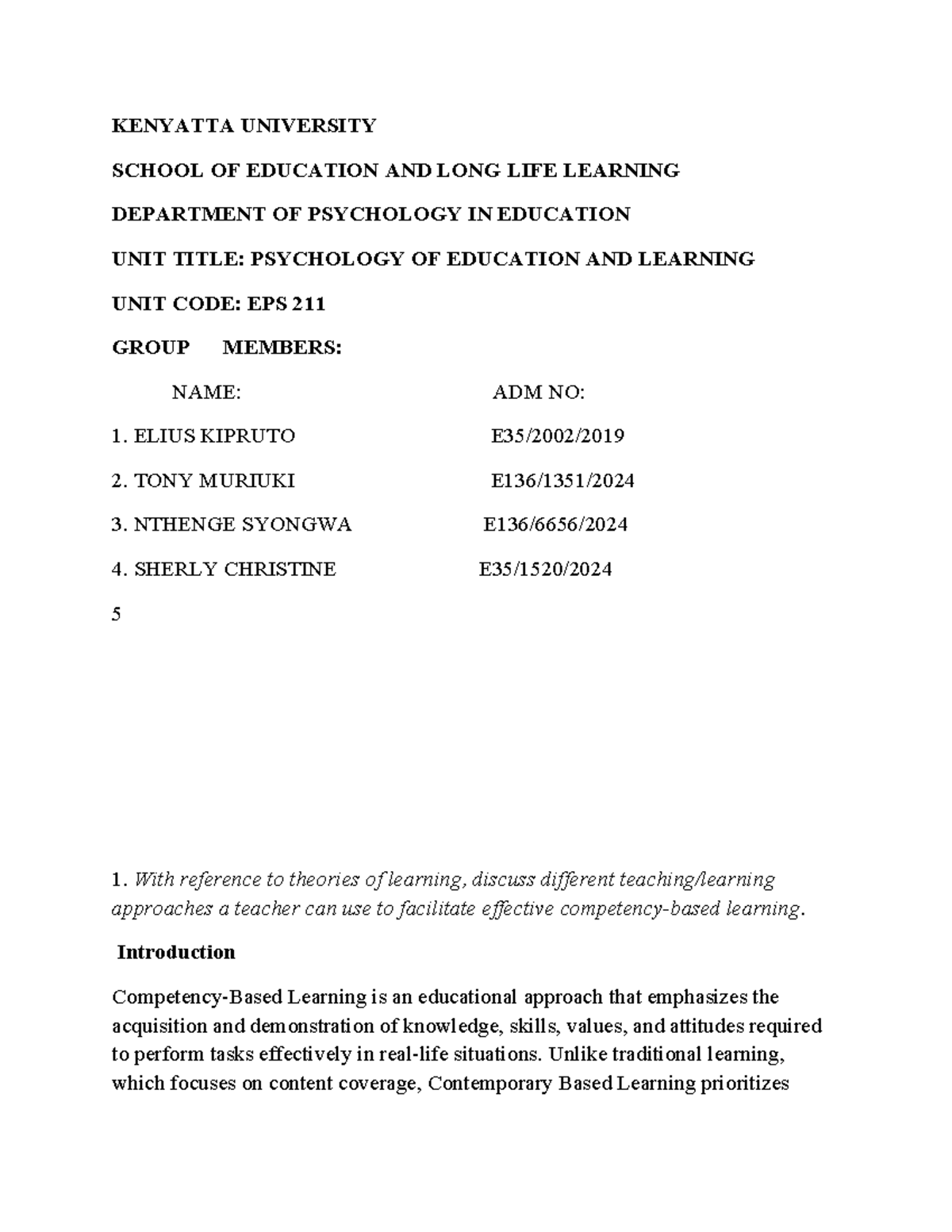 EPS 211: Psychology of Education - Learning Theories & Individual ...