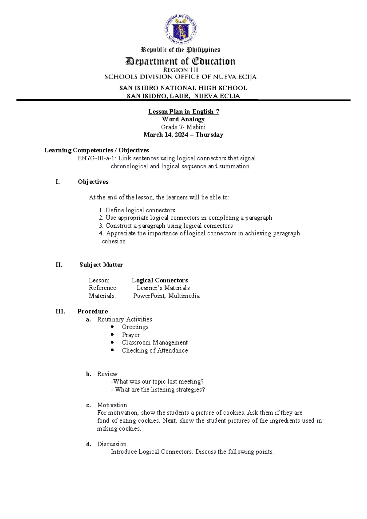 COT-Q3 - Detailed Lesson Plan on Logical Connectors for English 7 - Studocu