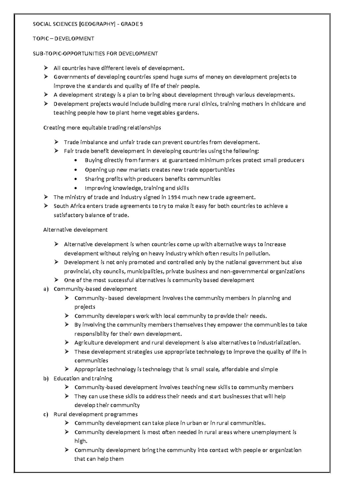 SOC SCI Gr9 Final Exam Notes on Development Strategies and Issues - Studocu