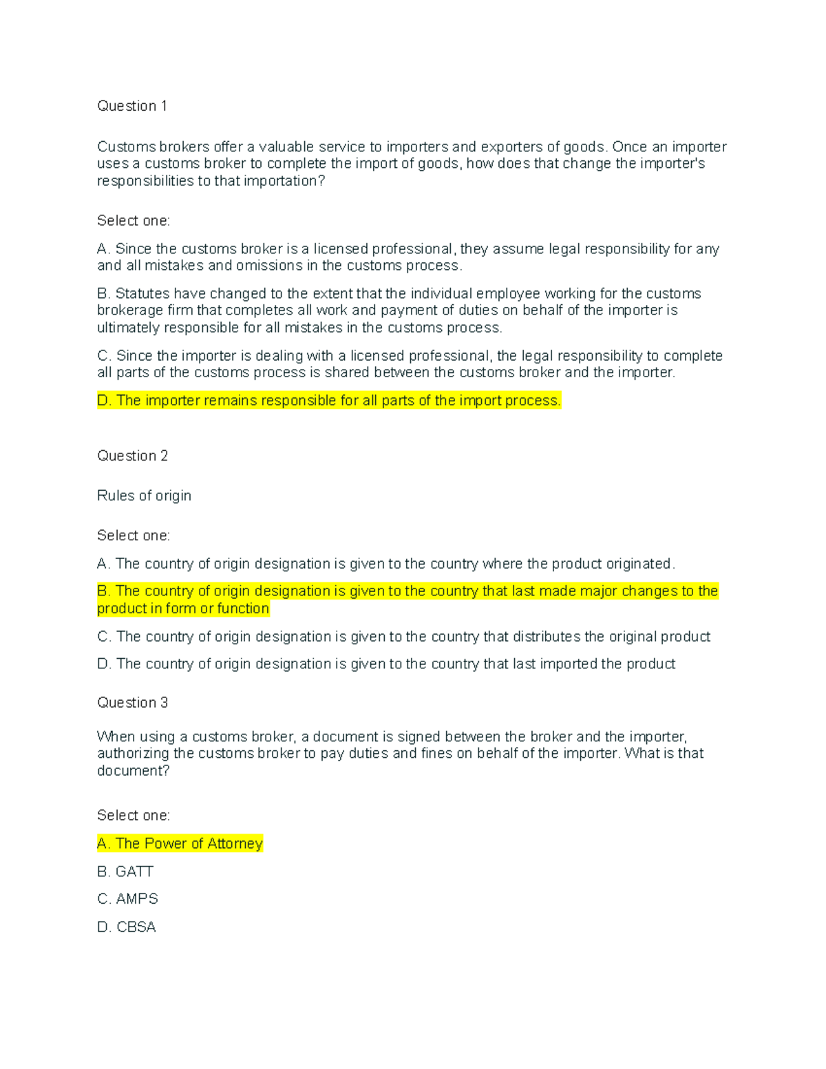 Quiz 8 - Customs & Compliance: Key Concepts and Questions - Studocu