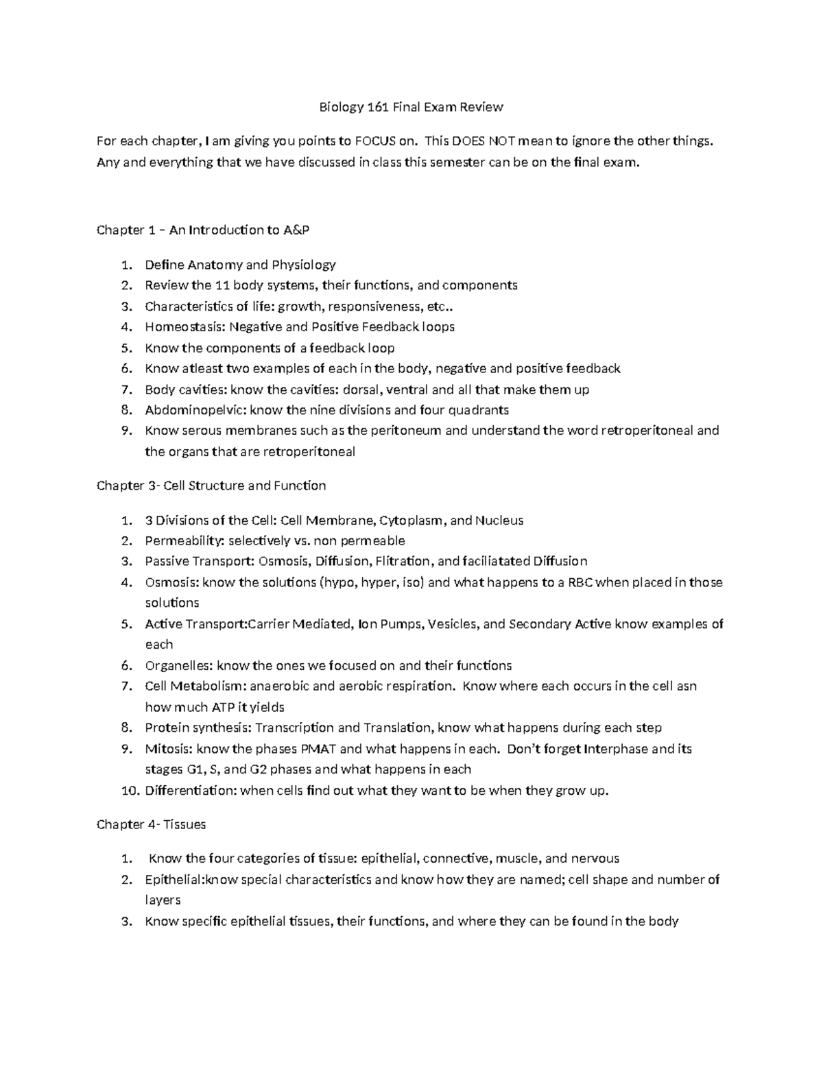 Biology 161 Final Exam Study Guide: Key Topics & Focus Points - Studocu