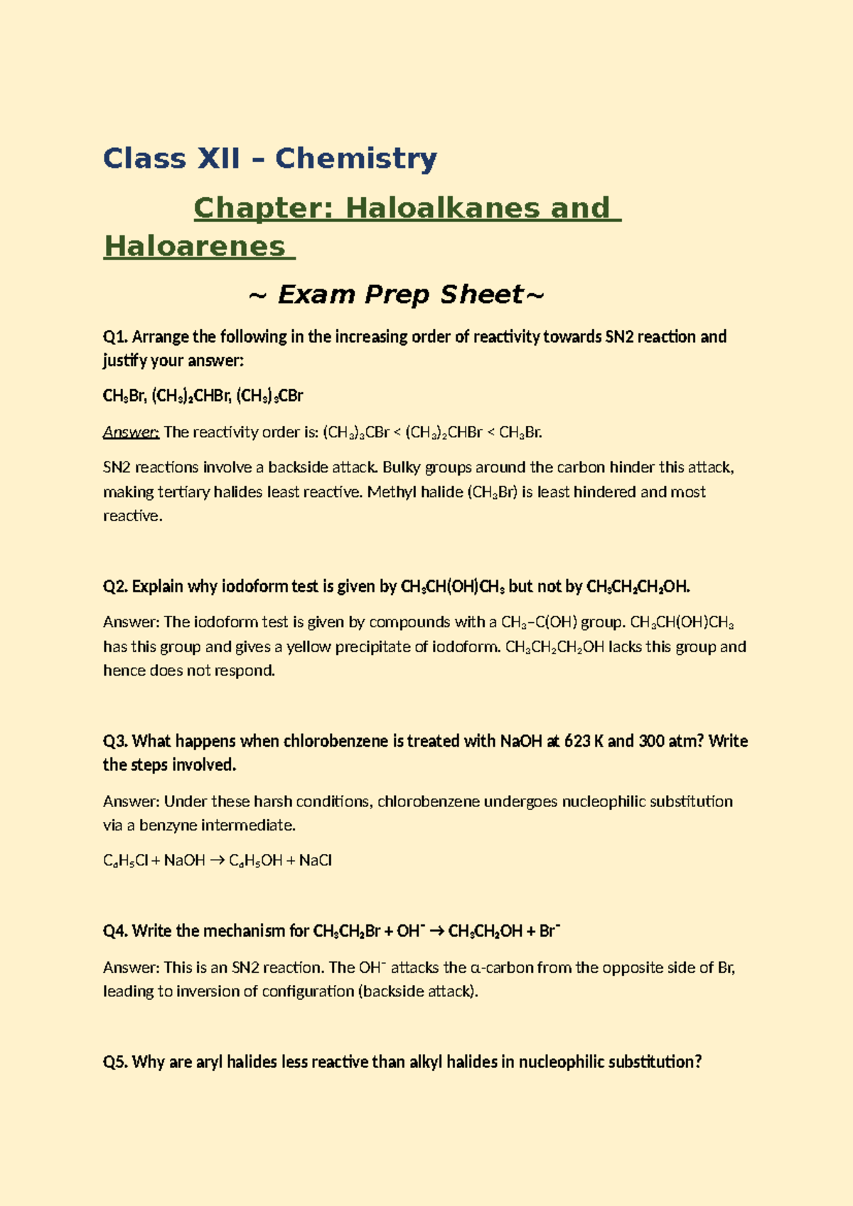 Class XII Chemistry Haloalkanes Exam Prep Guide - Studocu