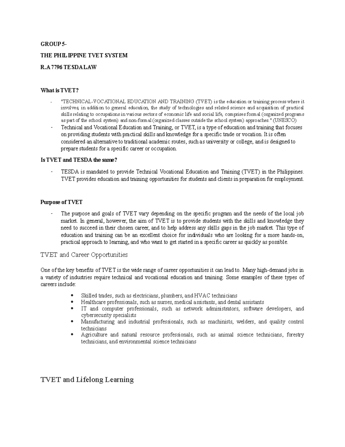 Group 5: Philippine TVET System Overview Under R.A. 7796 (TESDA Law ...