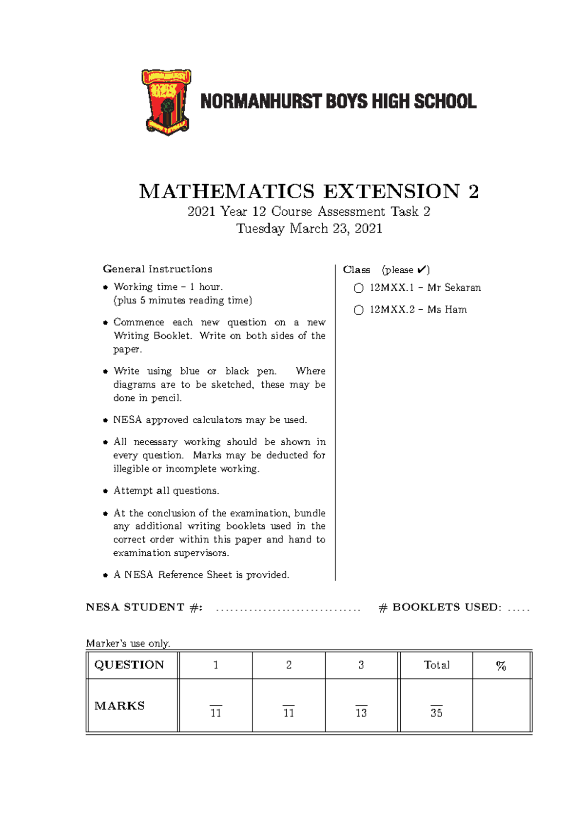 2021 nbhs 4u at2 - NBHS Math Extension 2 Task 2 Past Paper 2021/22 ...