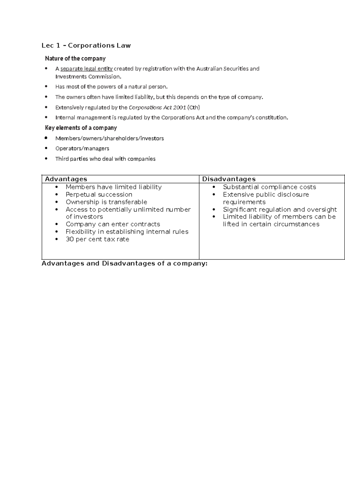 Lecture 1 Notes - Lec 1 – Corporations Law Nature of the company A ...