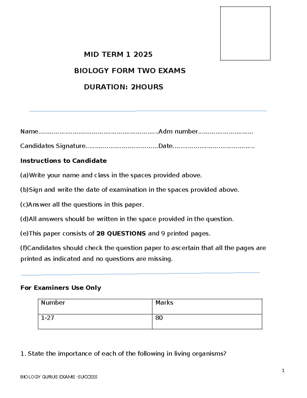 Biology Form 2 Mid Term 1 Exam Paper - 2025 Edition - Studocu
