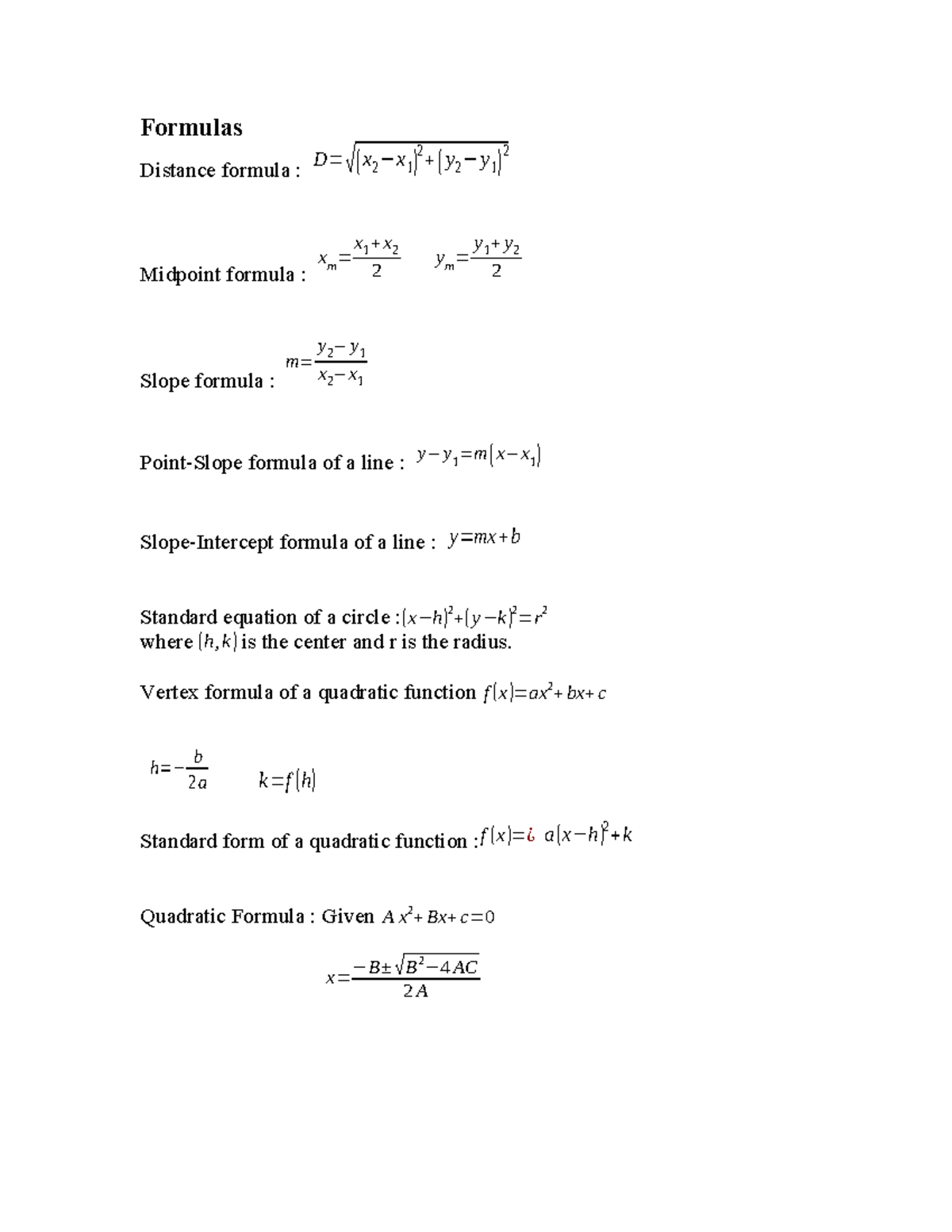 College Algebra Formulas: Distance, Midpoint, Slope & Quadratics - Studocu