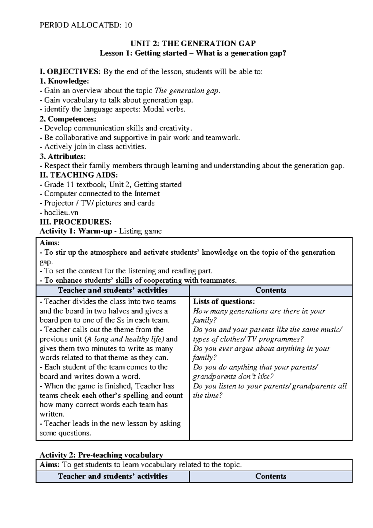 G.A 11 (10-17) - Unit 2: The Generation Gap Lesson Plans and Activities ...