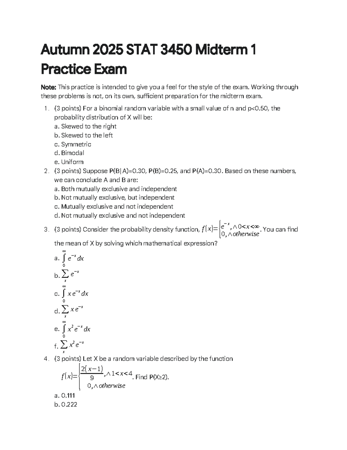 Autumn 2025 STAT 3450 Midterm 1 Practice Exam Q&A - Studocu