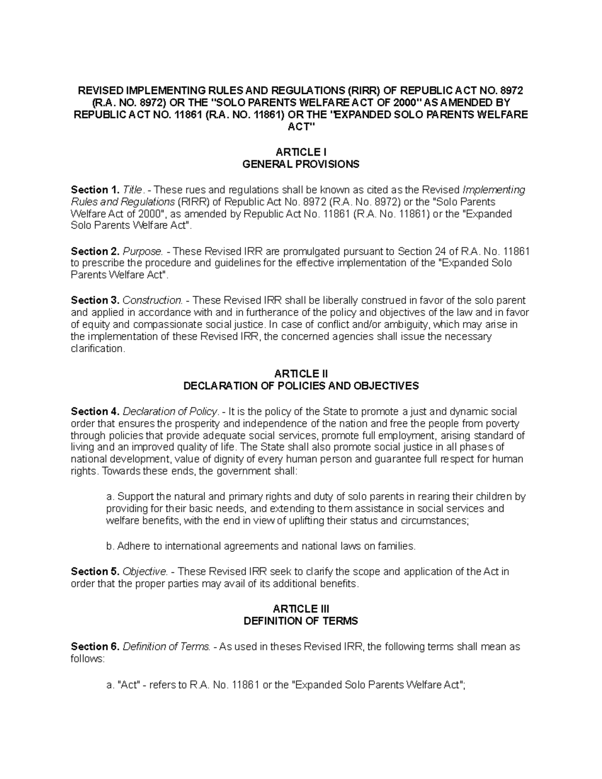 Revised Implementing Rules and Regulations of RA 8972 (Solo Parents Act ...