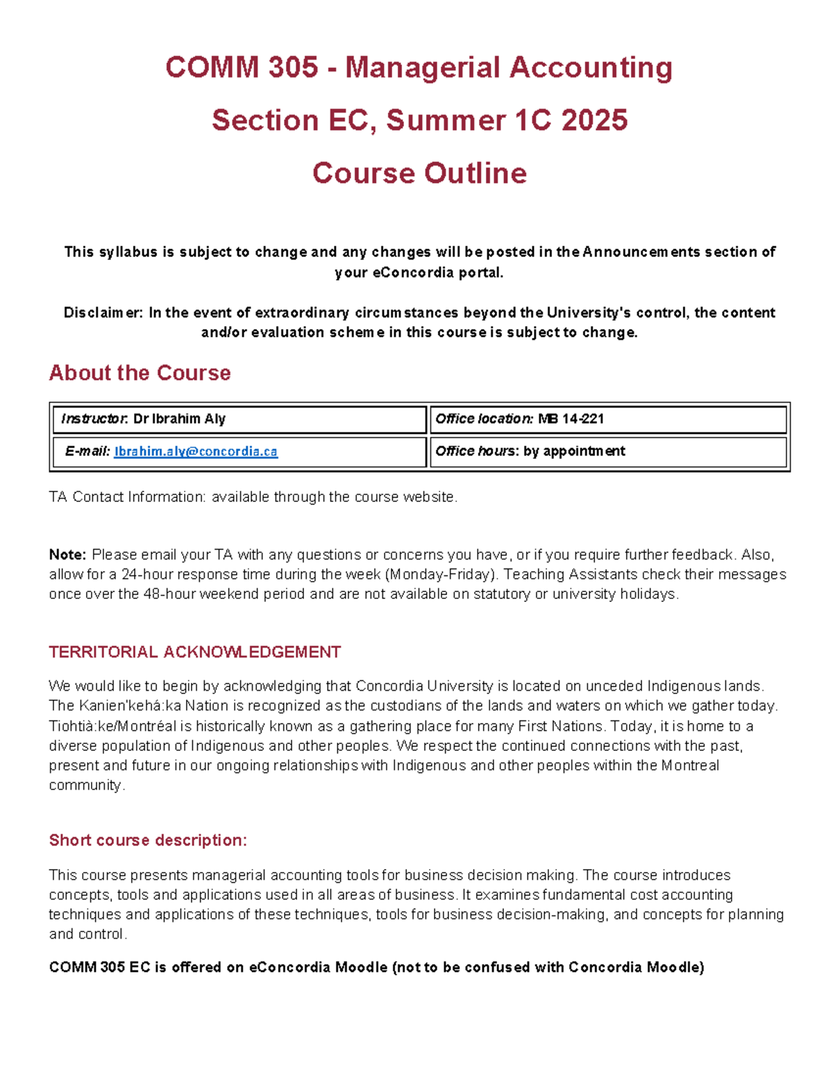 COMM 305 Managerial Accounting EC - Summer 1C 2025 Course Outline - Studocu