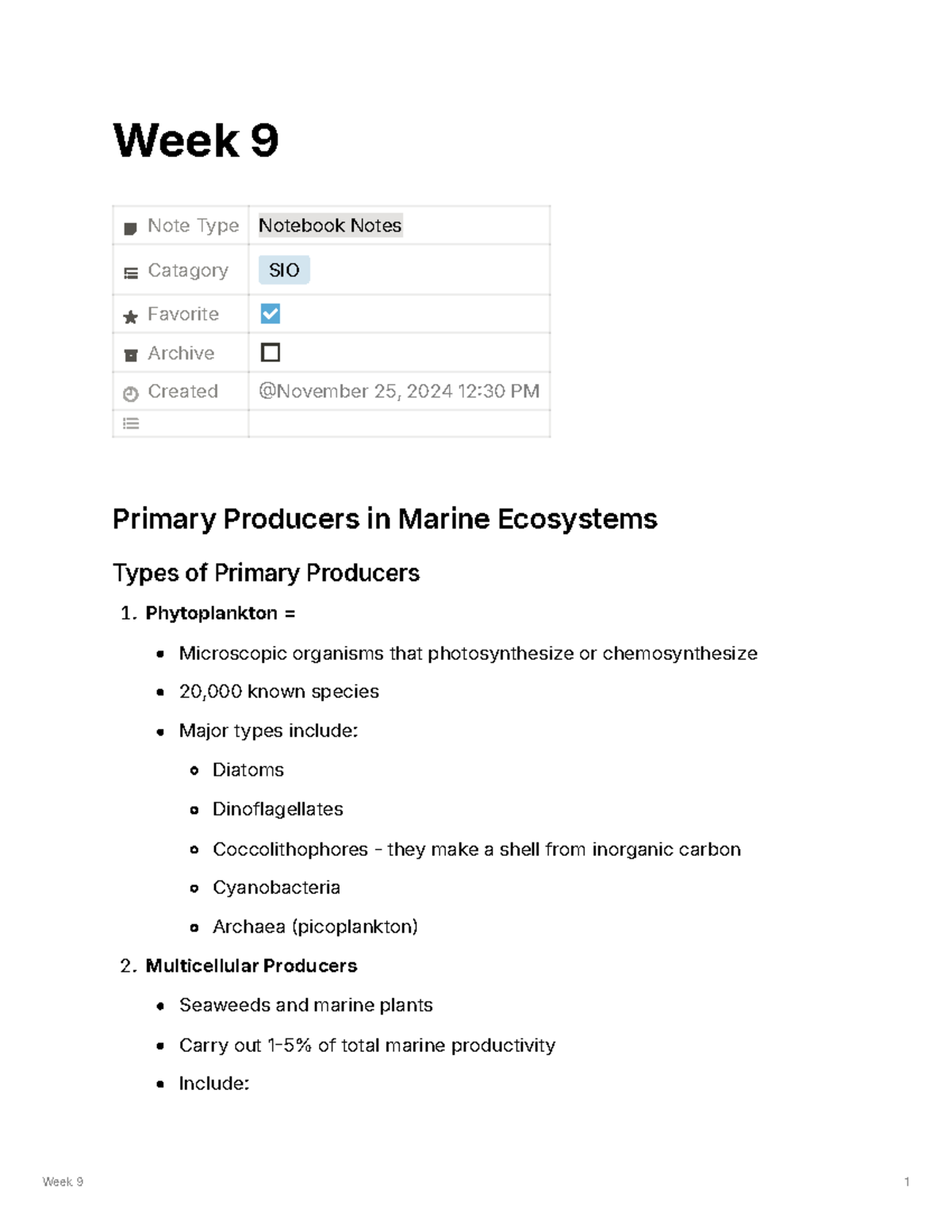 SIO 101 Week 9 Lecture Notes: Primary Producers & Marine Ecosystems ...