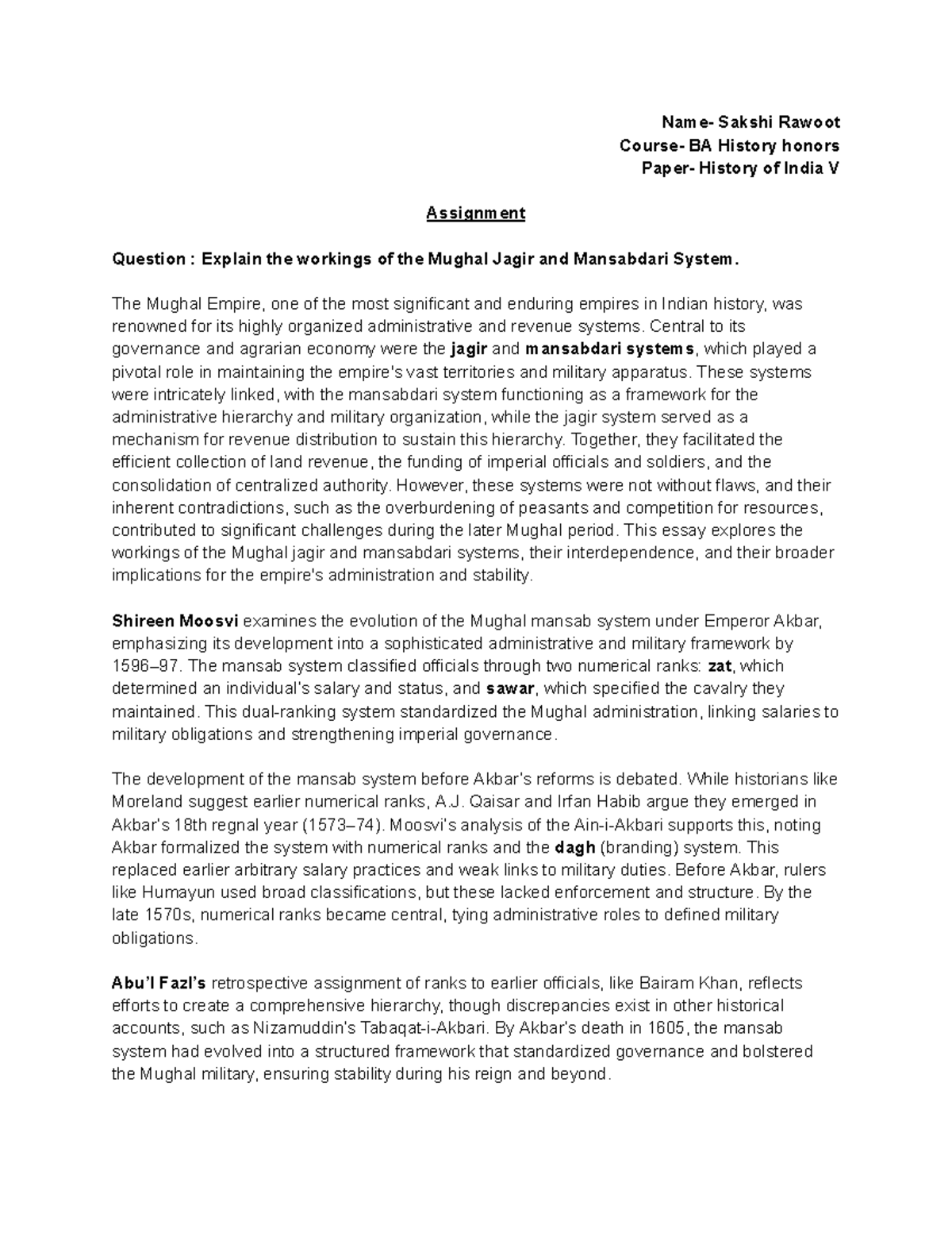 Mughal India assignment - Name- Sakshi Rawoot Course- BA History honors ...