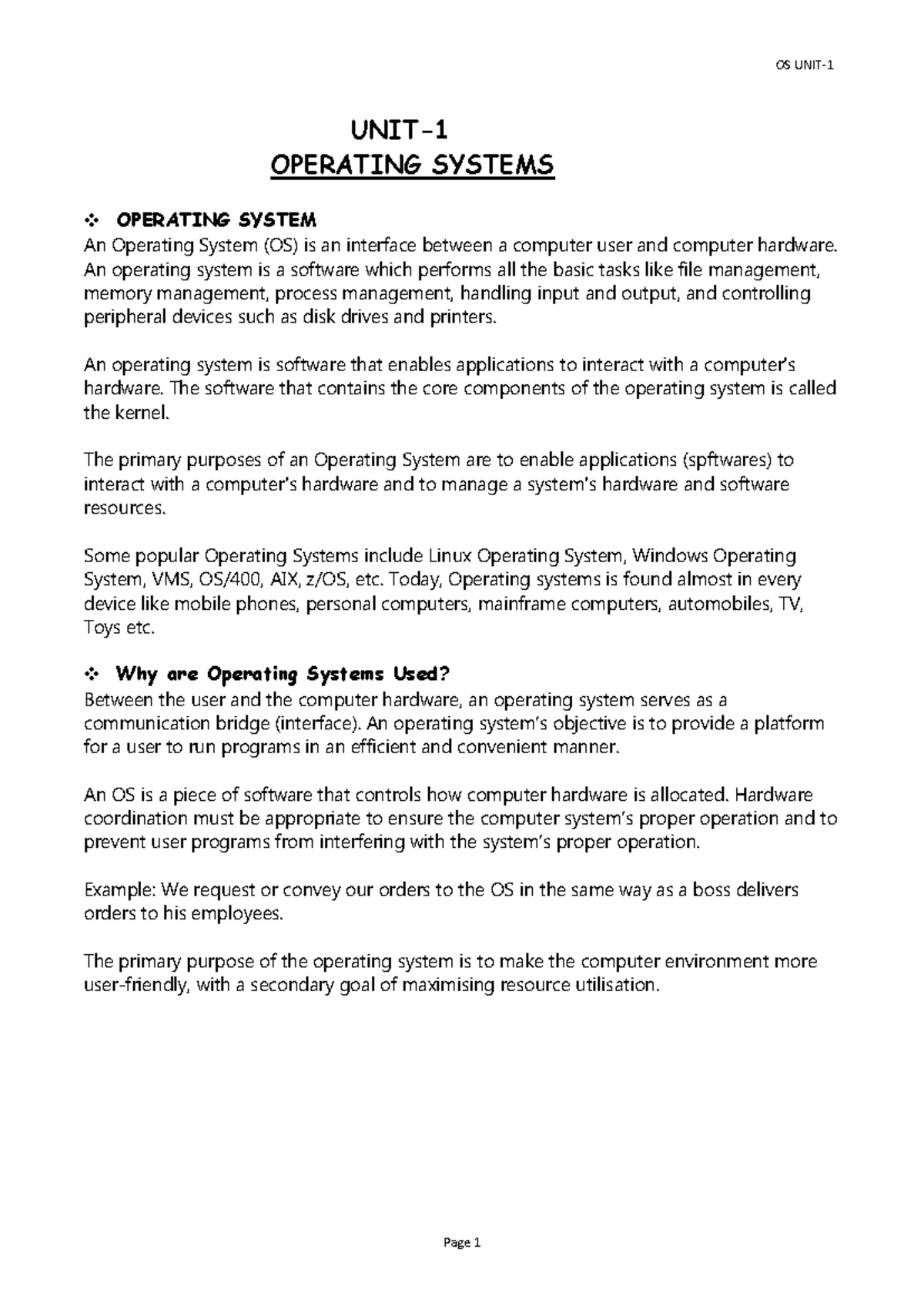 OS UNIT-1: Introduction to Operating Systems and Their Functions - Studocu