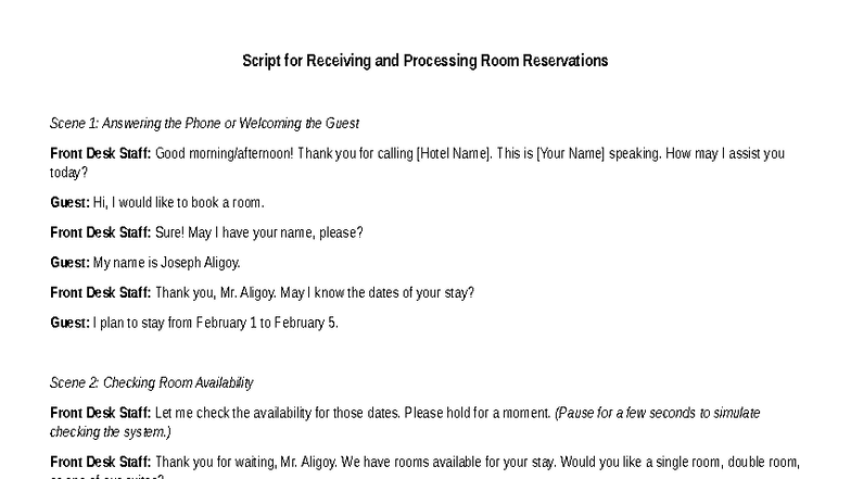 Room Reservations Script: Front Desk Procedures and Guest Interaction ...