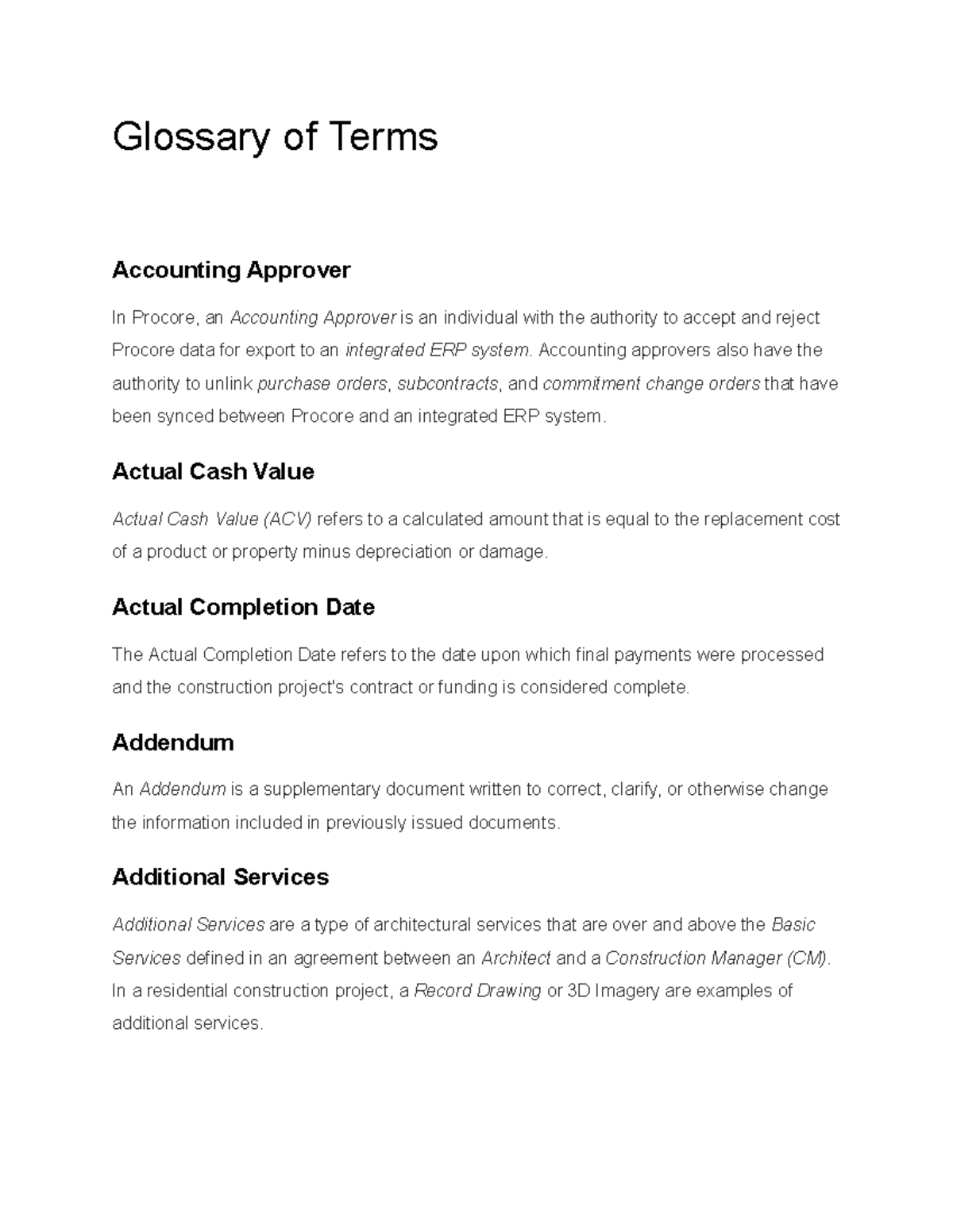 Glossary of Terms for Procore: Key Definitions and Concepts - Studocu