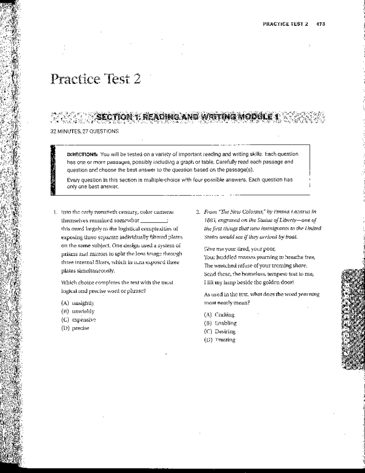 PRACTICE TEST 2 473: Reading and Writing Skills Assessment - Studocu