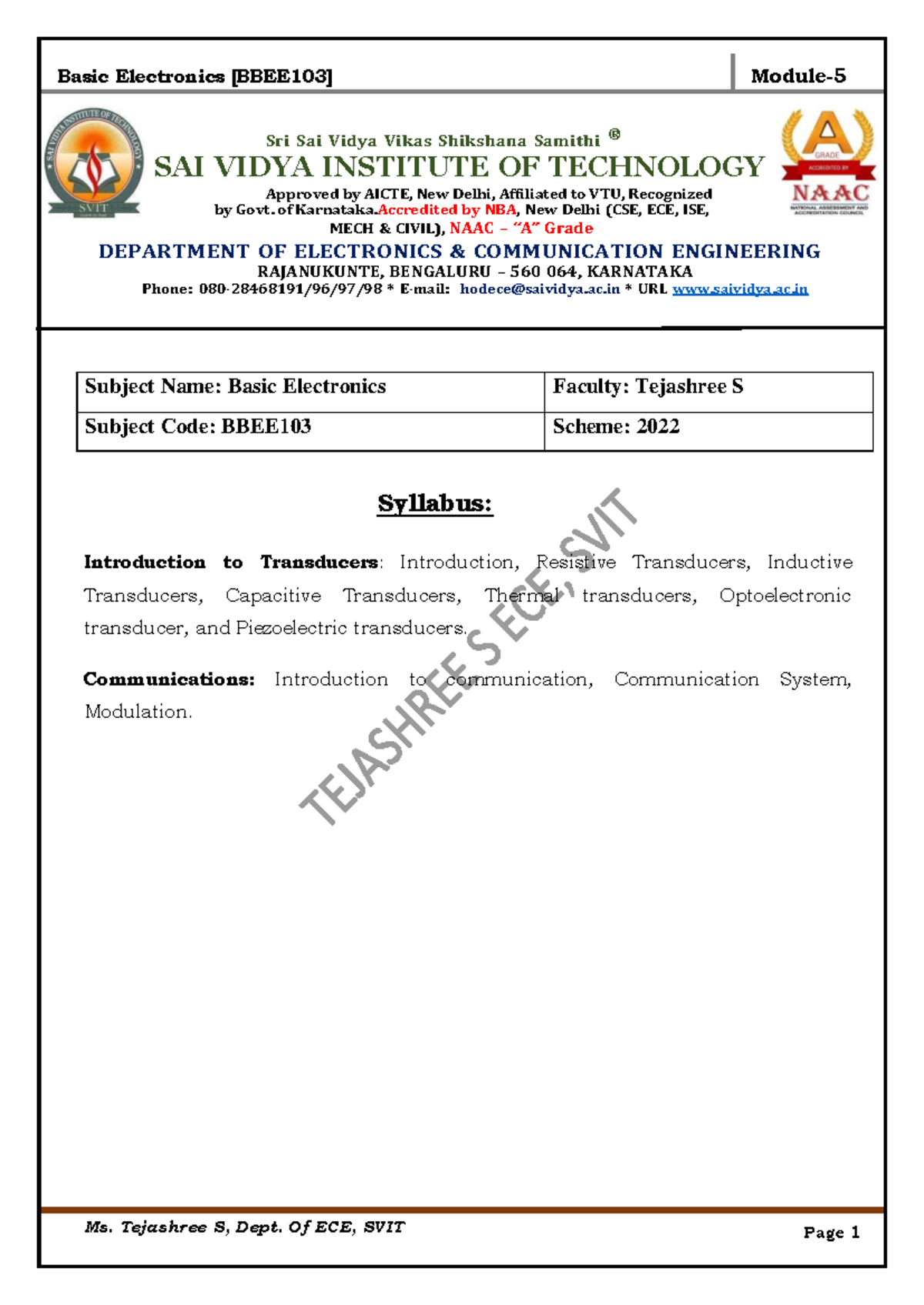 Basic Electronics BBEE103 - Transducers and Communication Systems Notes ...