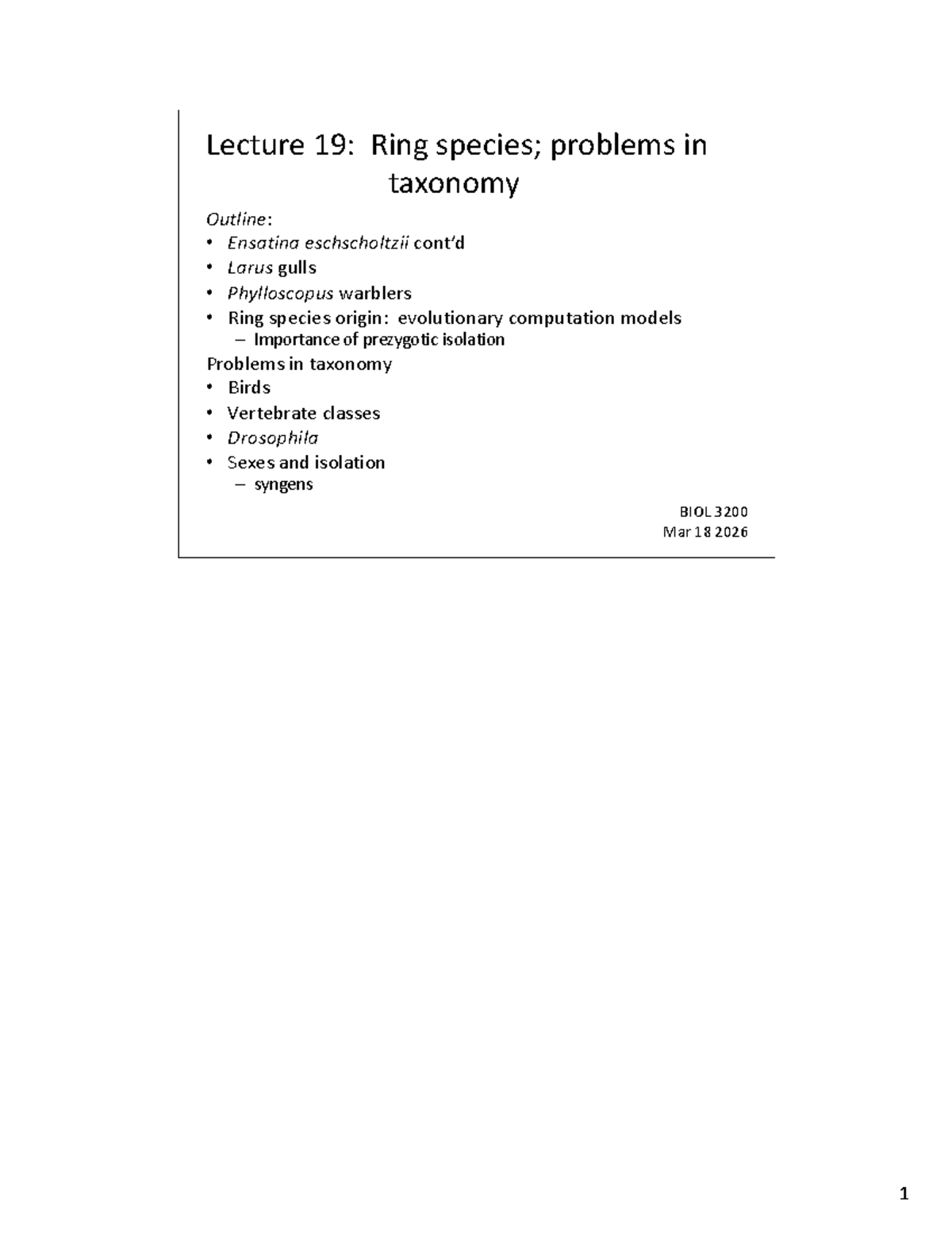 BIOL 3200 Lecture 19: Ring Species and Taxonomy Issues - Studocu