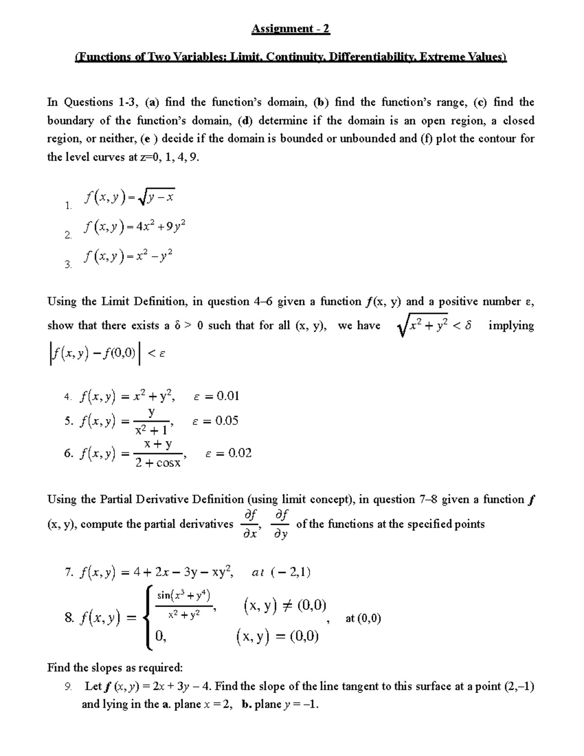 Assignment 2 - Advanced Calculus Practice on Functions of Two Variables ...