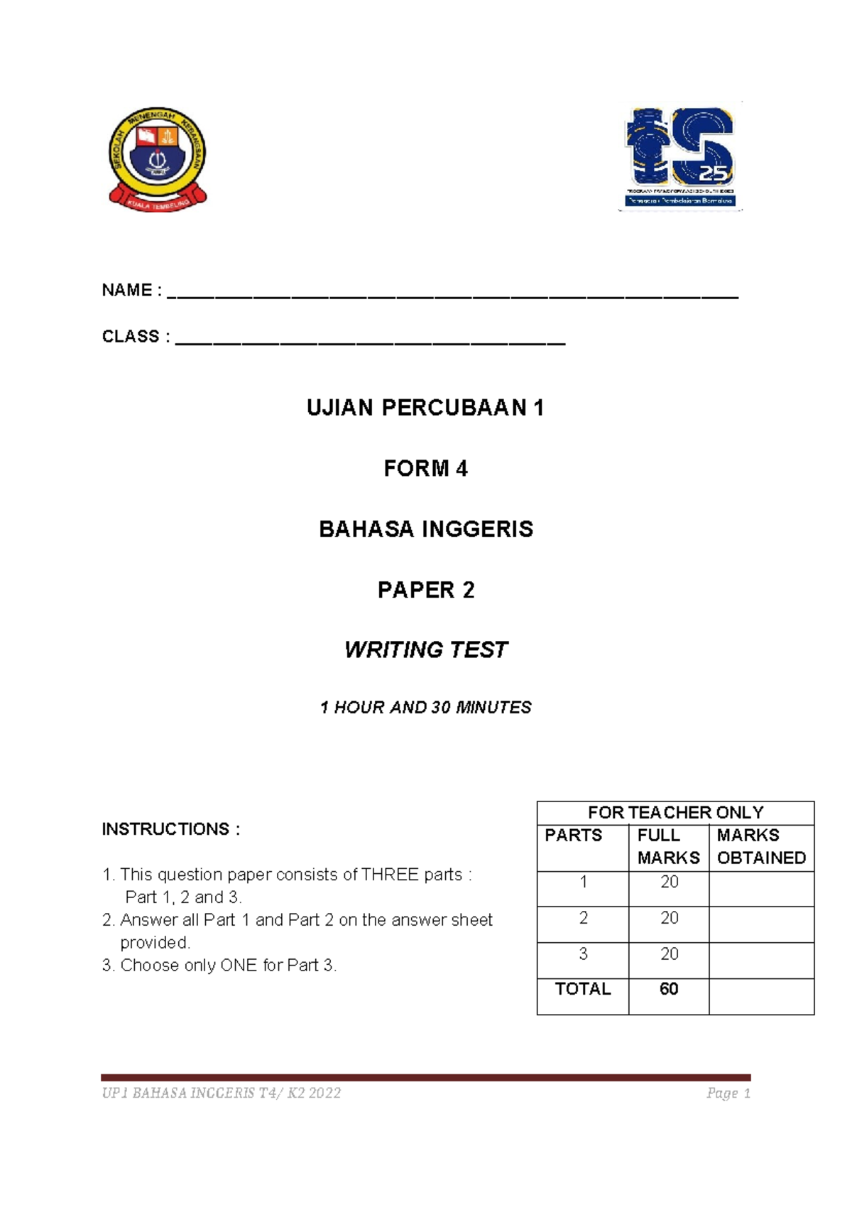 Final Exam Form 4 English Paper 2 Writing Test - Studocu