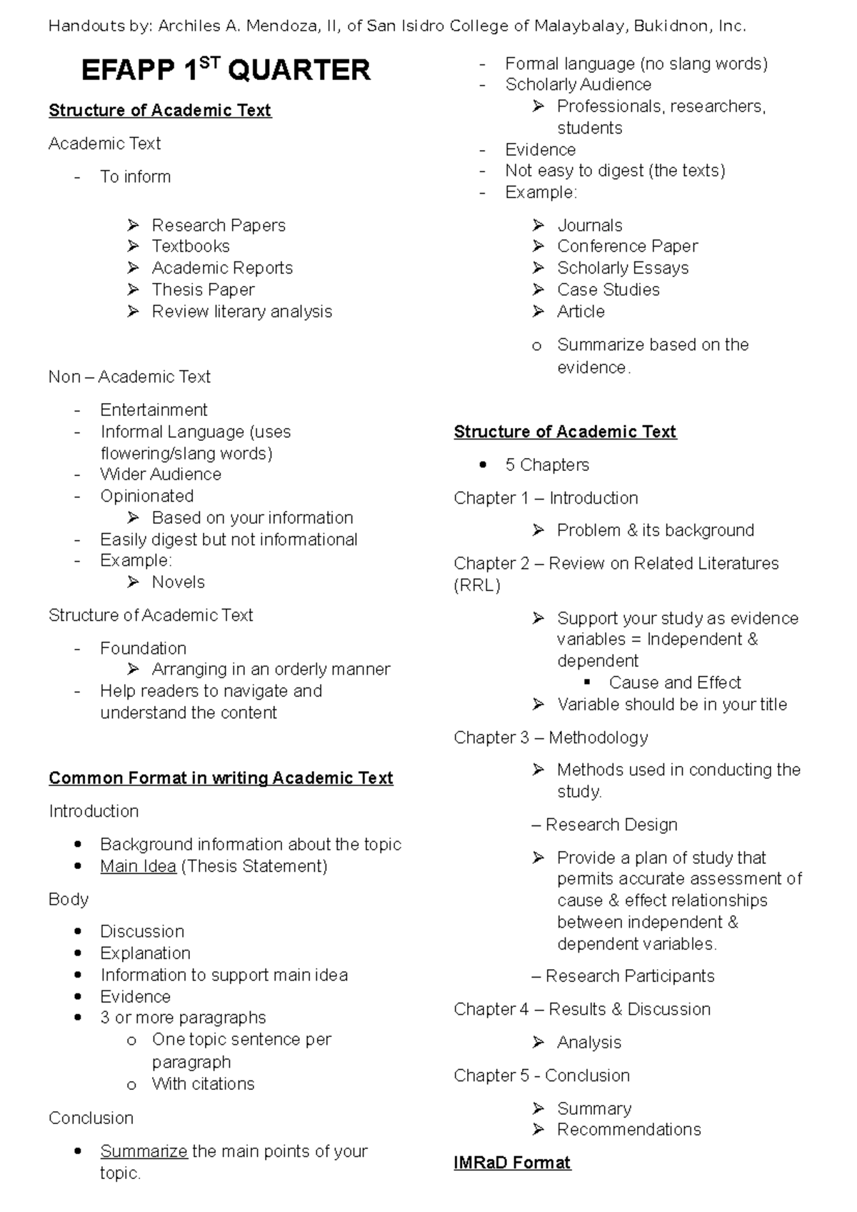 EAPP 1ST Quarter Reviewer - EFAPP 1 ST QUARTER Structure of Academic ...