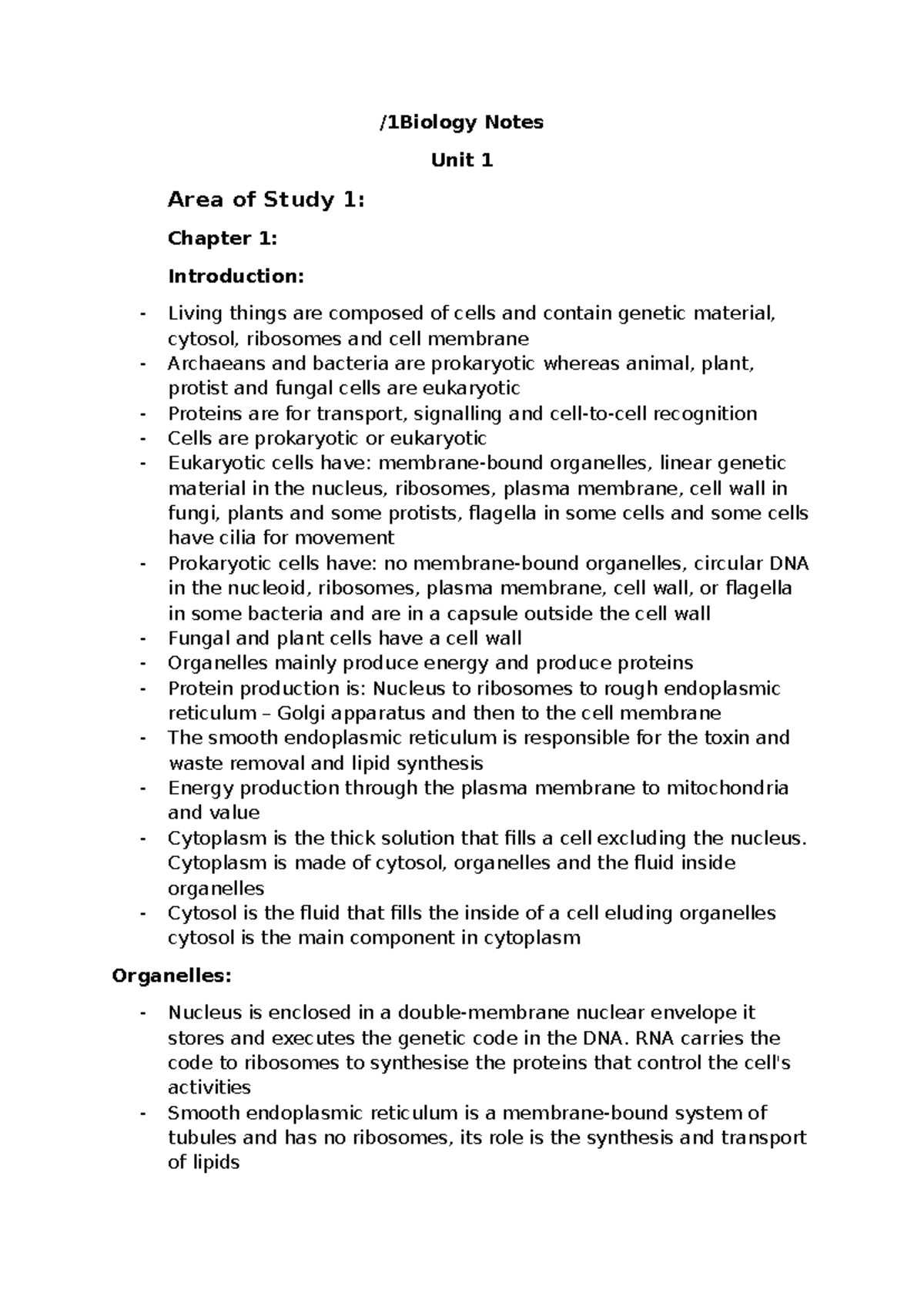 Biology Notes AOS1: Chapter 1 - Introduction to Cell Structure and ...