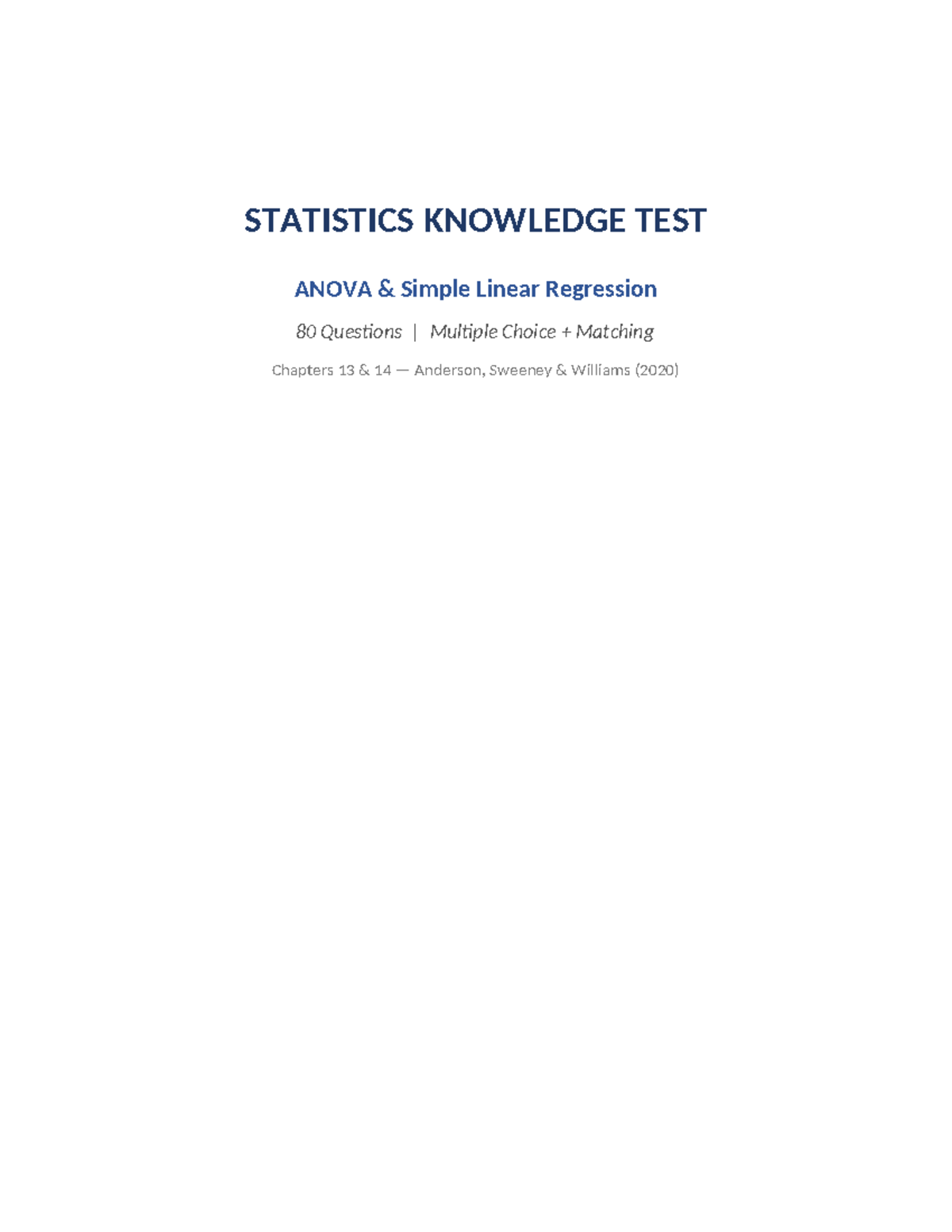 ANOVA & Simple Linear Regression Test (STATISTICS 80 Qs) - Studocu