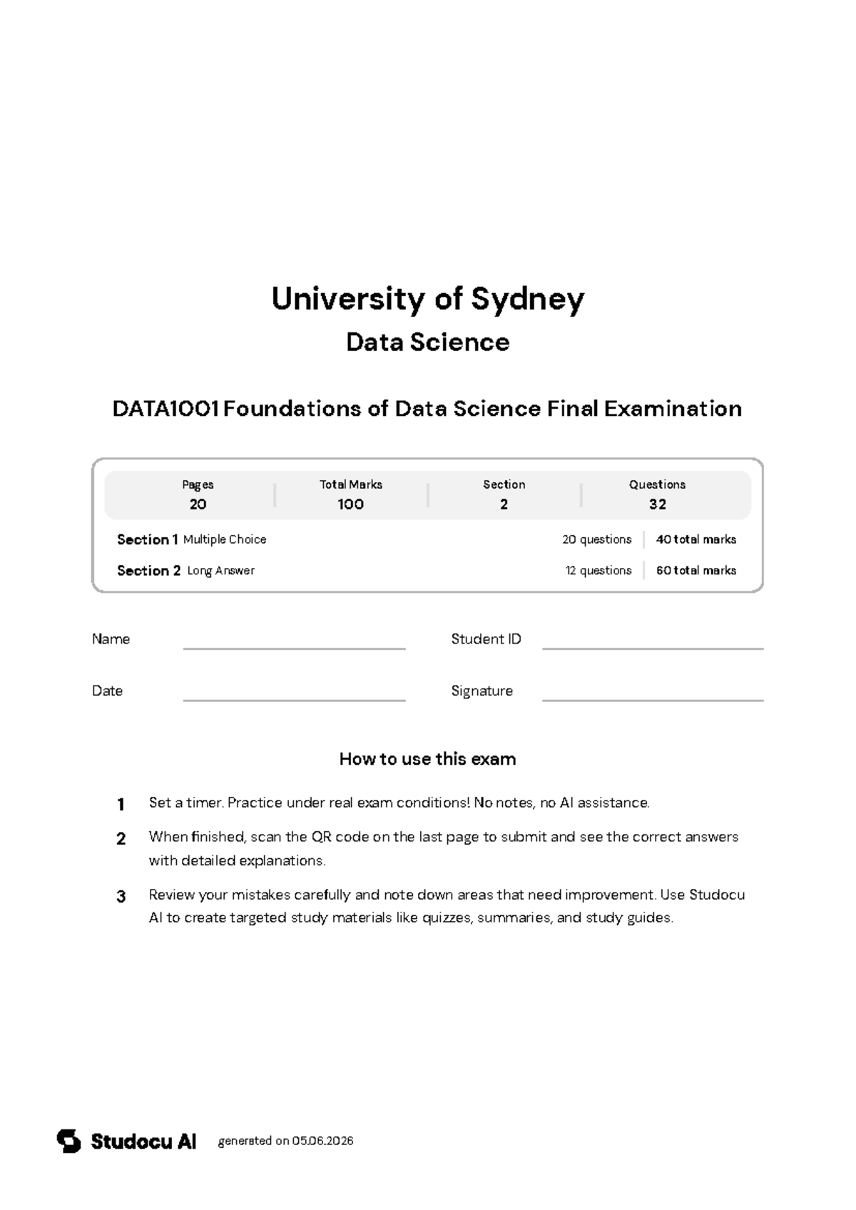 DATA1001 Foundations of Data Science Final Exam - Studocu