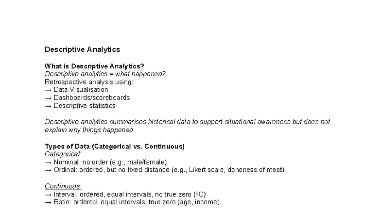 Descriptive Analytics Overview: Key Concepts and Applications - Studocu