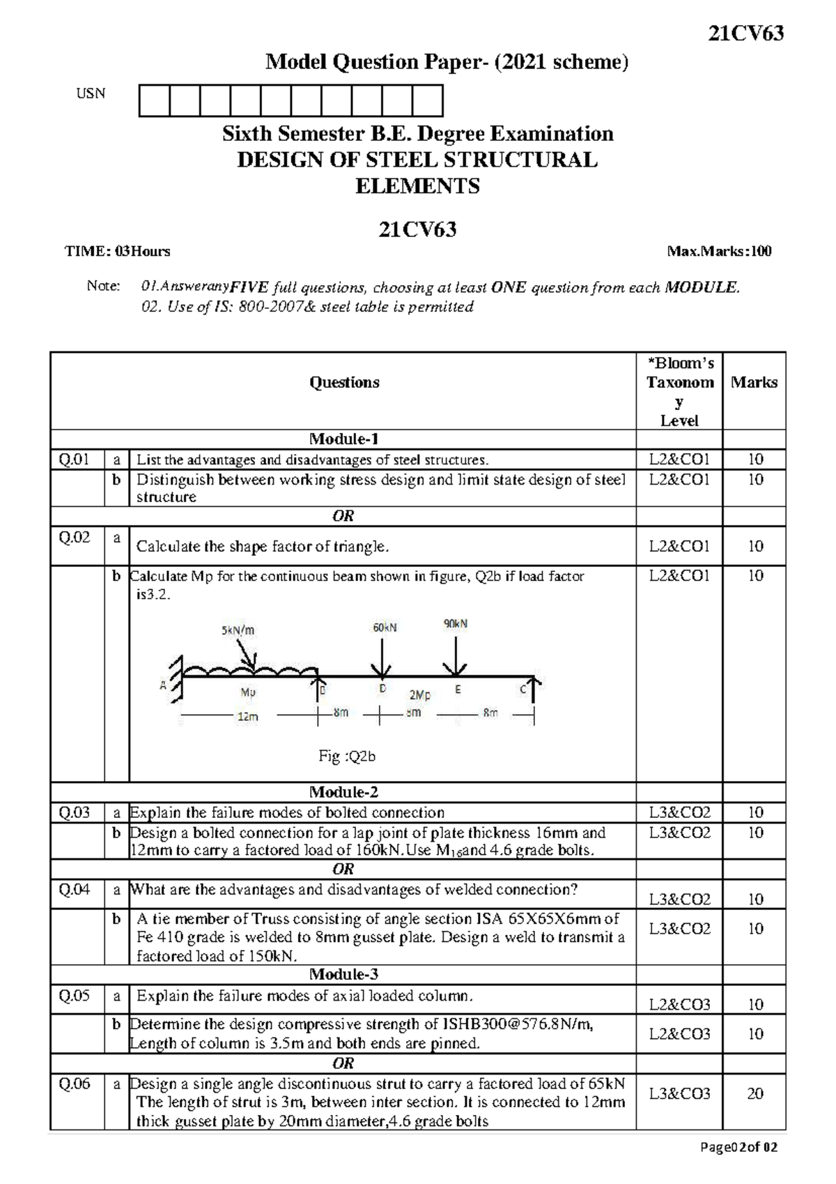 21CV63 Model Questions for Steel Structural Design Exam - Studocu