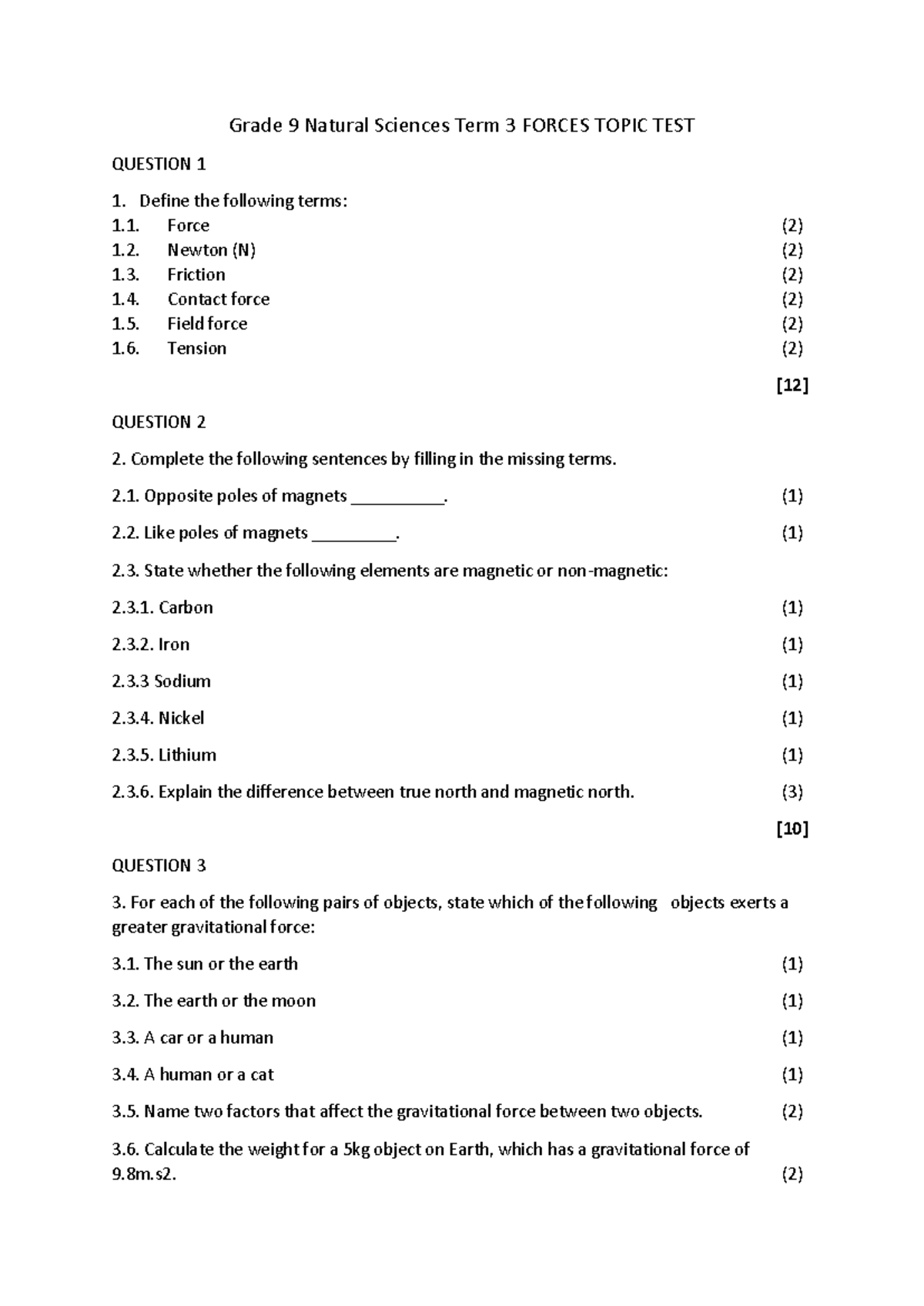 Grade 9 Natural Sciences Term 3 Forces Topic TEST Questions & Answers ...