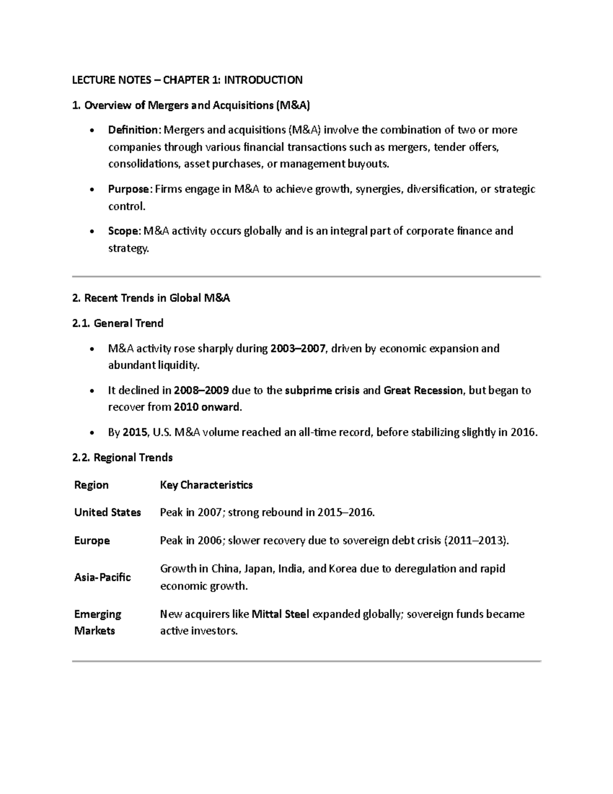 LECTURE NOTES CH01: INTRODUCTION TO MERGERS AND ACQUISITIONS - Studocu