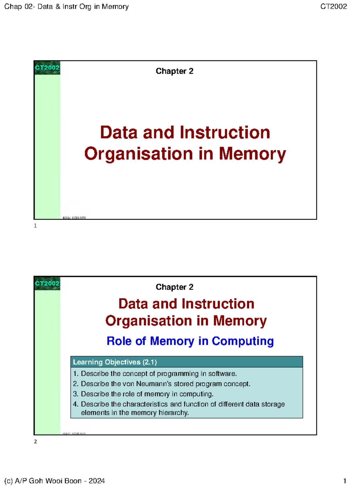CT2002 Chapter 2: Data and Instruction Organization in Memory - Studocu