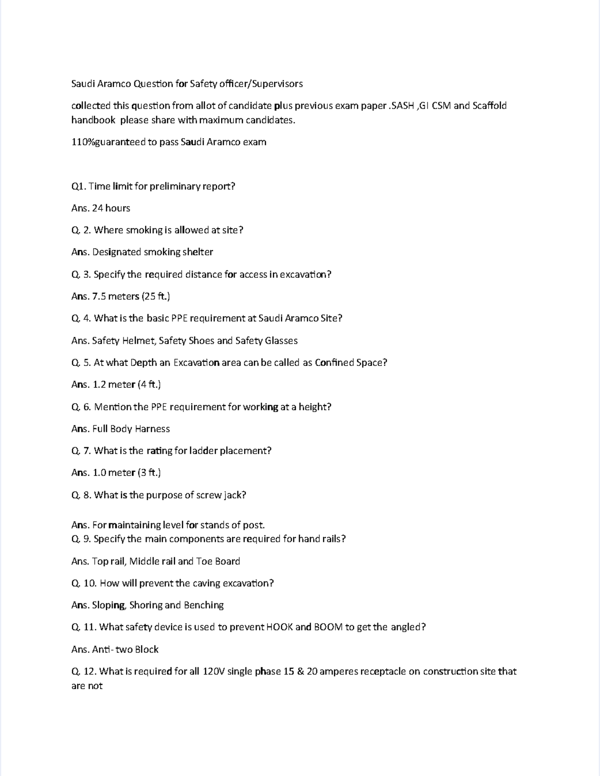 Saudi Aramco Safety Exam Q&A - SASH, GI CSM, Handbook - Document Preview