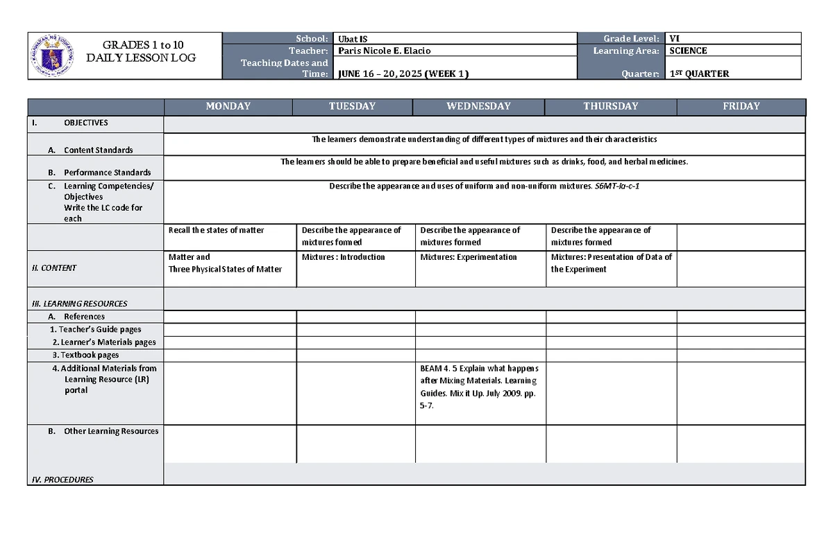 DLL Science 6 Q3 W1 - Gravity Daily Lesson Plan for Grade VI - Studocu
