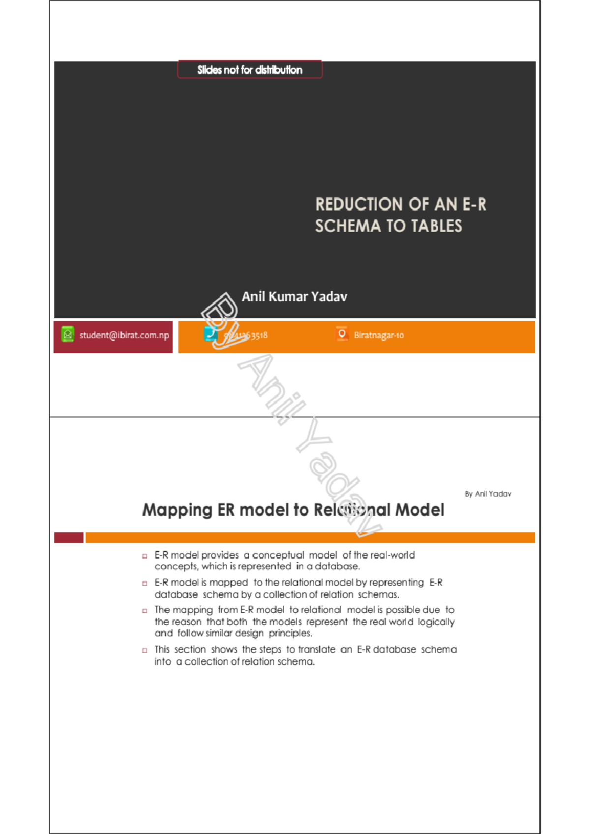 2.3 ER to Relation Mapping - Slides not for distribution REDUCTION OF ...