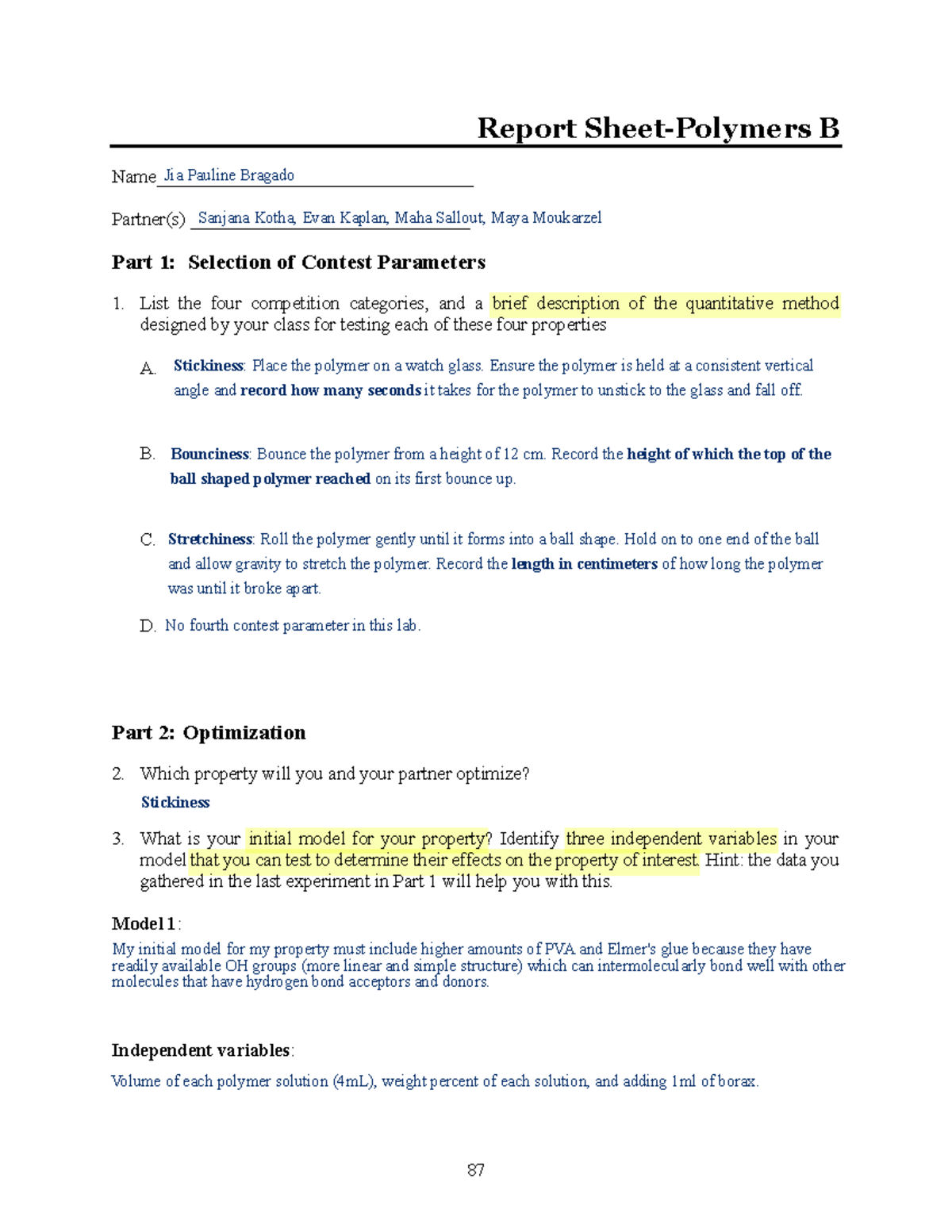 1AL FA20 Exp 04 Polymers B - Contest Optimization Report Sheet - Studocu