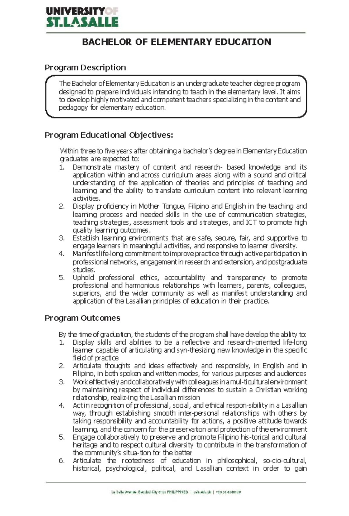 Bachelor Of Elementary Education Program Overview And Objectives Studocu