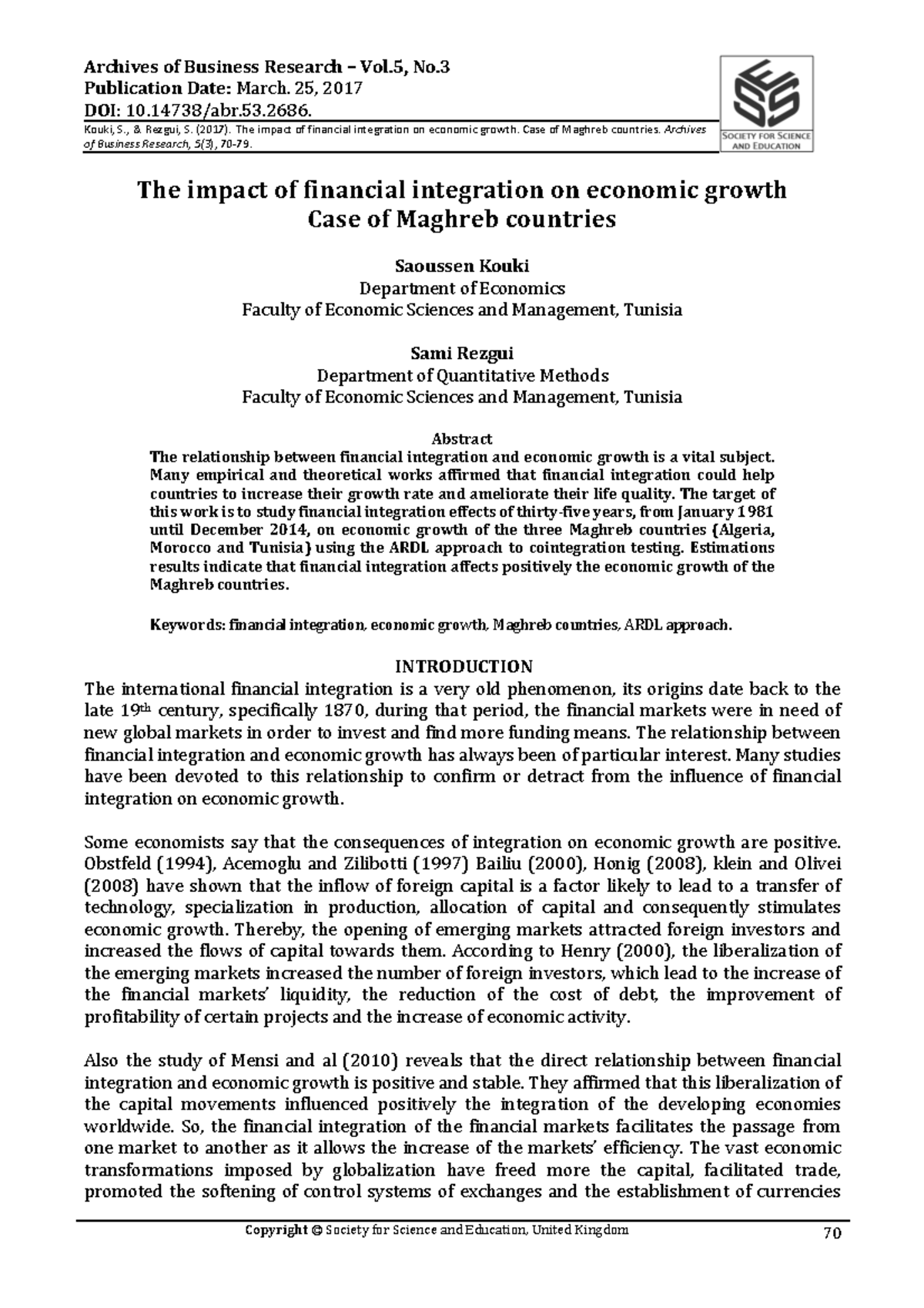 The impact of financial integration on economic growth - Archives of ...