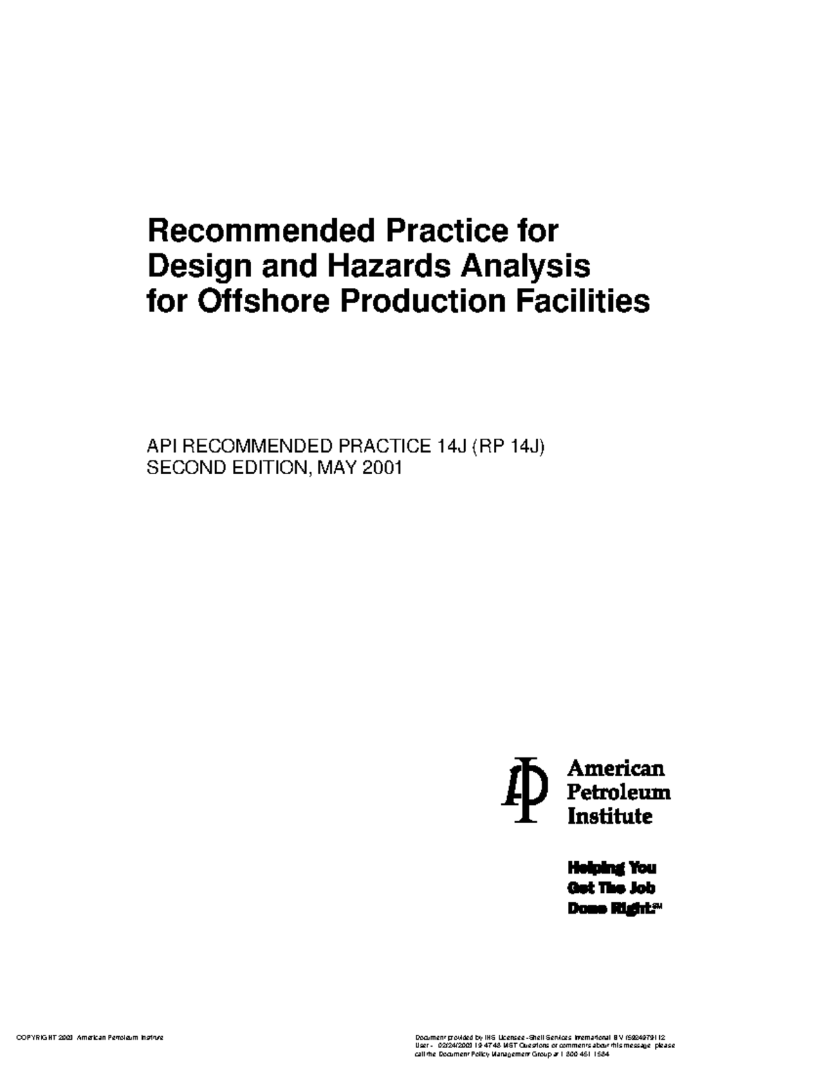 API 14J Recommended Practices for Offshore Facility Design & Hazards ...